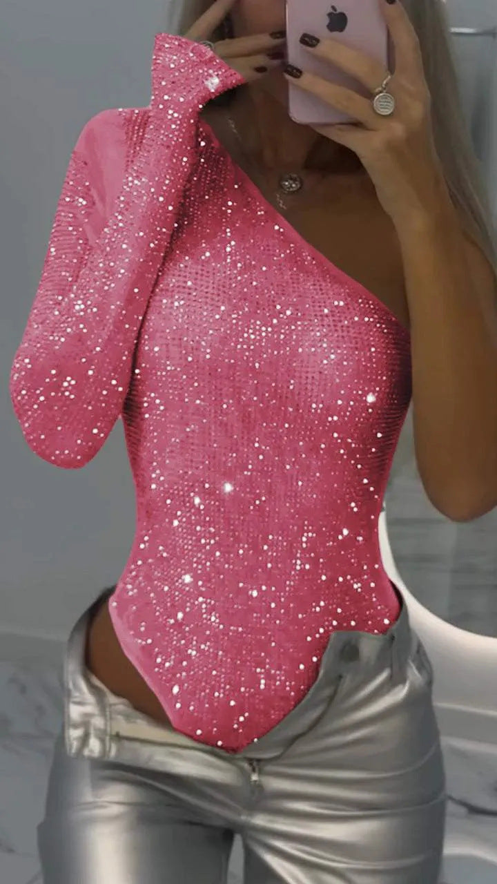 Women's One-Shoulder Glittering Bodysuit Ivyshape