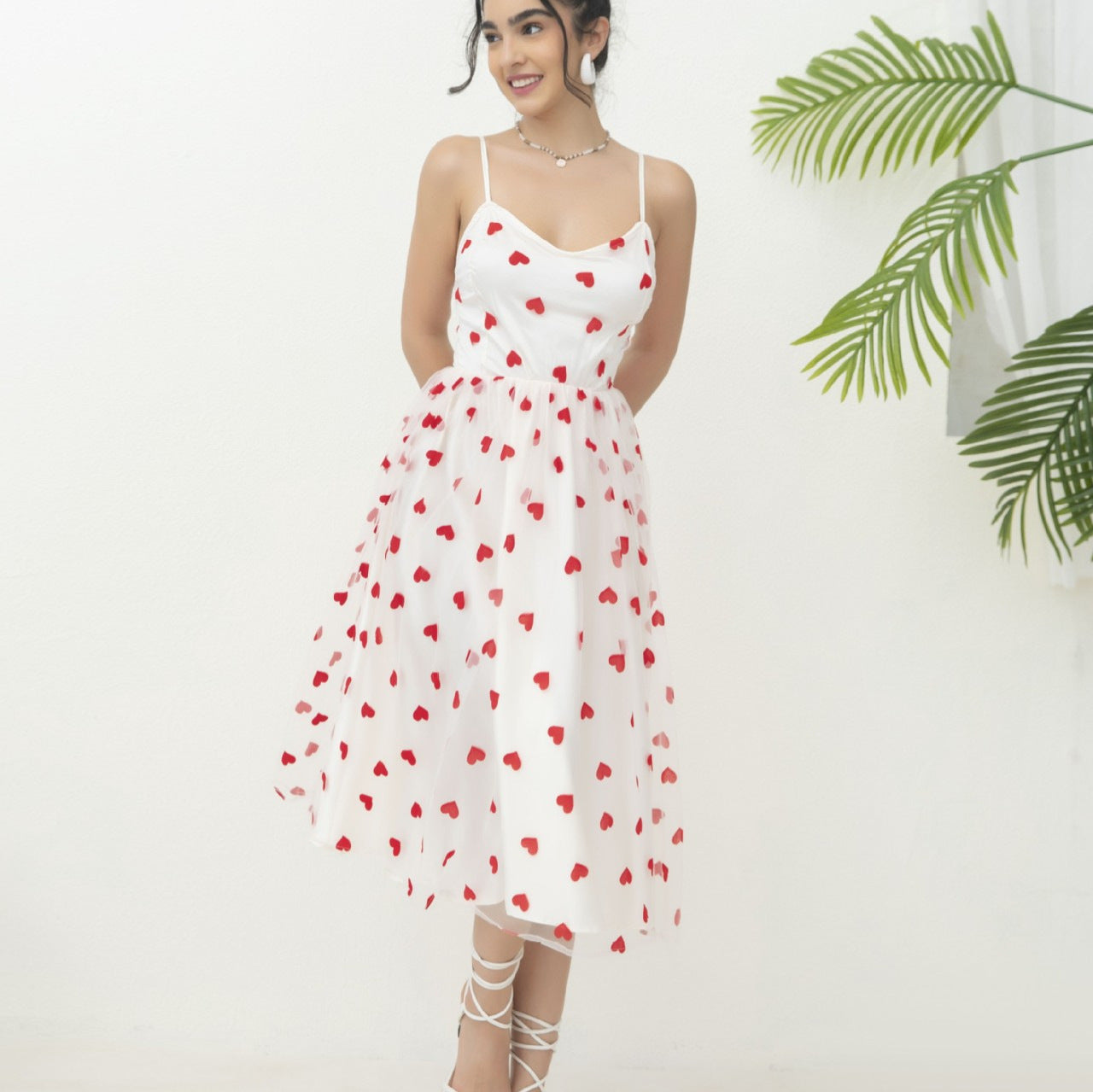 Women Heart Pattern A-Line Midi Dress Ivyshape
