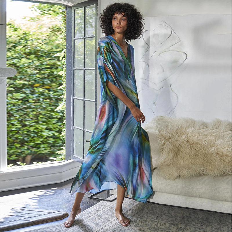 Ladies Maxi Beach Dress with Flowing Color Gradient and Loose Fit Ivyshape