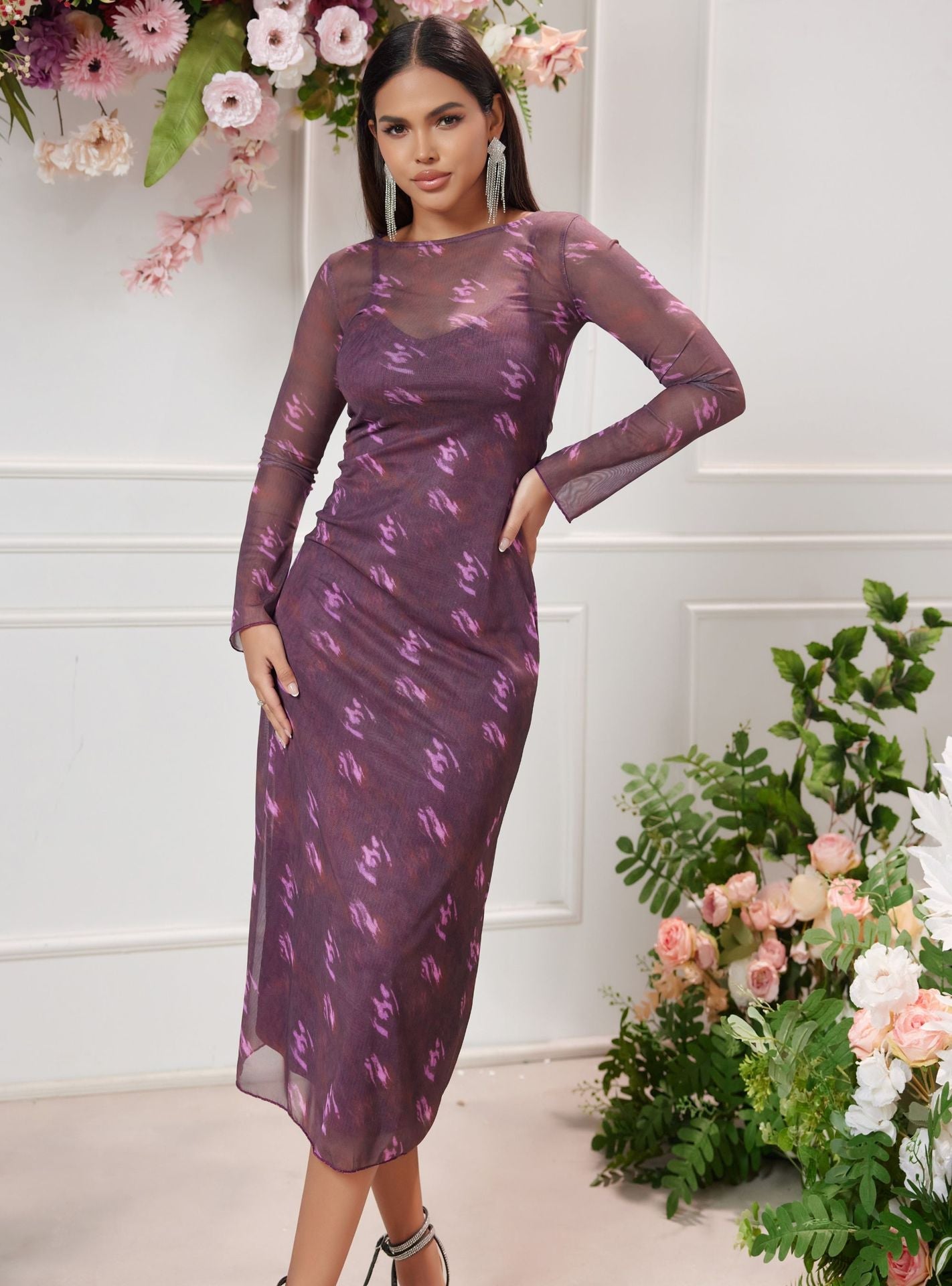 Ladies Transparent Floral Midi Dress Ivyshape