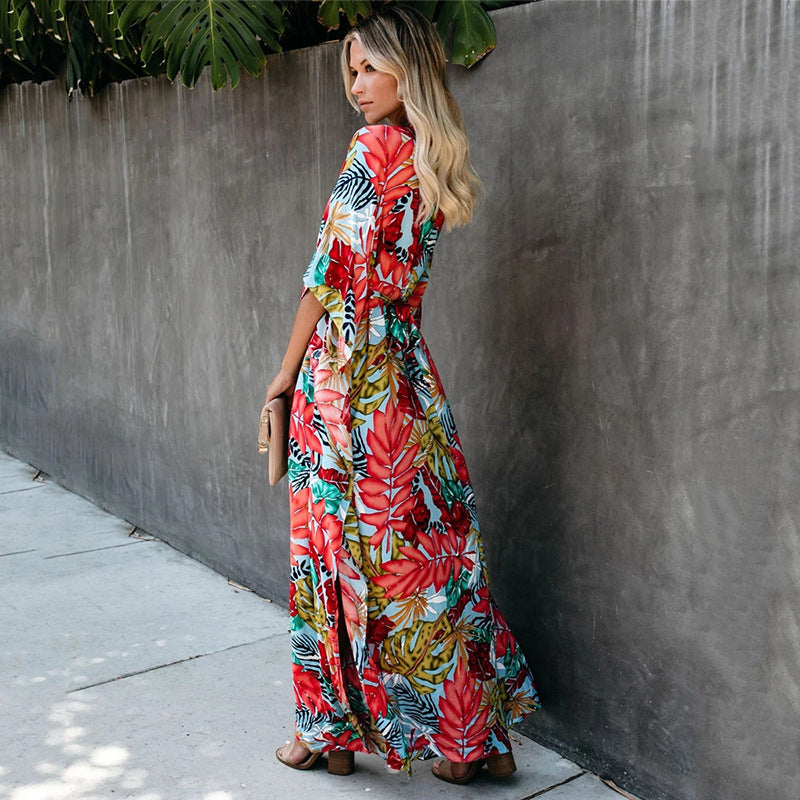 Women's maxi dress with deep V-neck and elegant wing sleeves Ivyshape