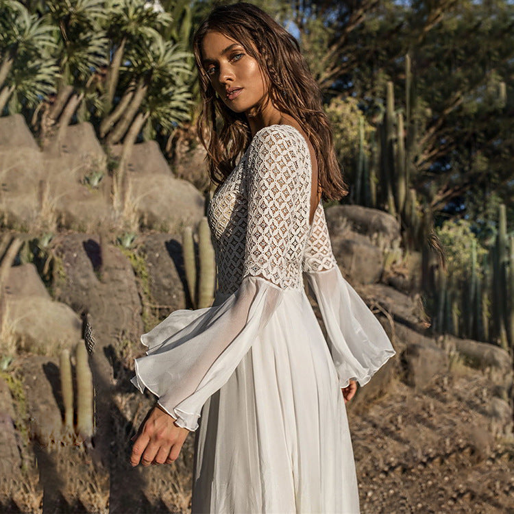 Women's Maxi Maternity Dress with Elegant Lace Sleeves Ivyshape