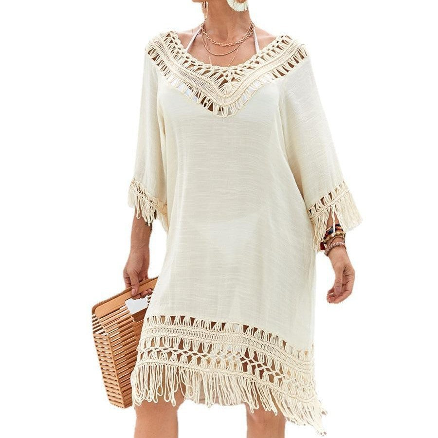 Women’s beach cover-up with stylish fringes and attractive crochet accents Ivyshape