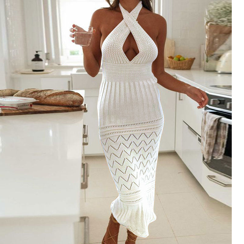 Women's knit maxi dress with deep V-neck and creative crochet pattern Ivyshape