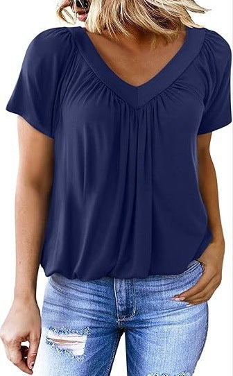 Women Pleated V-Neck Casual Top Ivyshape