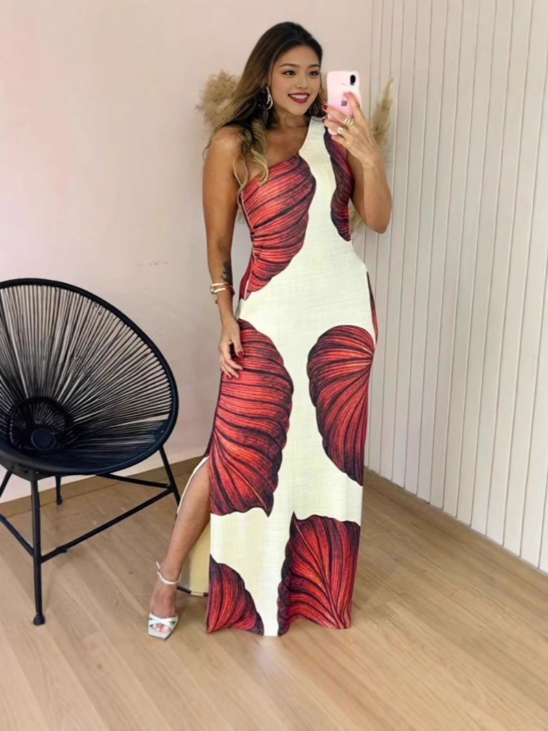 Ladies max dress with exciting leaf pattern and side slit Ivyshape