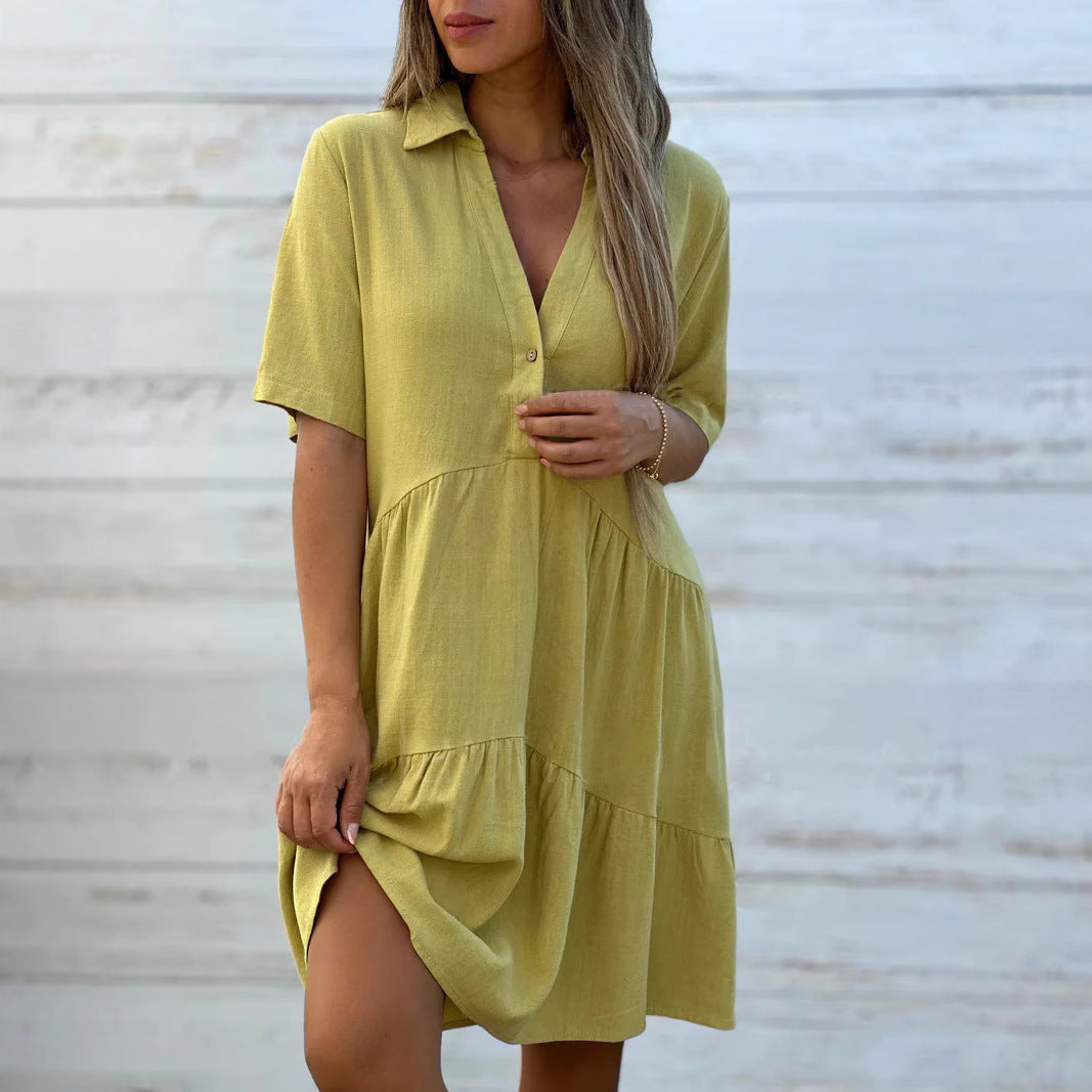 Women Short Sleeve Button-Up Swing Dress Ivyshape