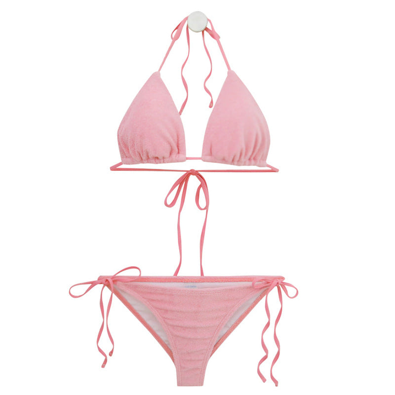 Ladies triangle bikini with elastic ruffle details and adjustable straps Ivyshape