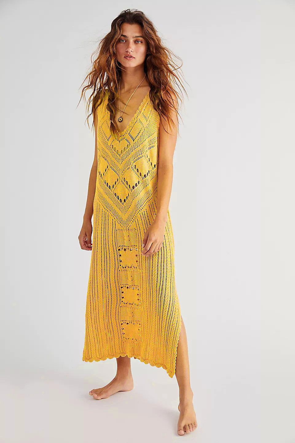 Women's airy crochet beach cover-up with deep V-neckline and decorative pattern Ivyshape