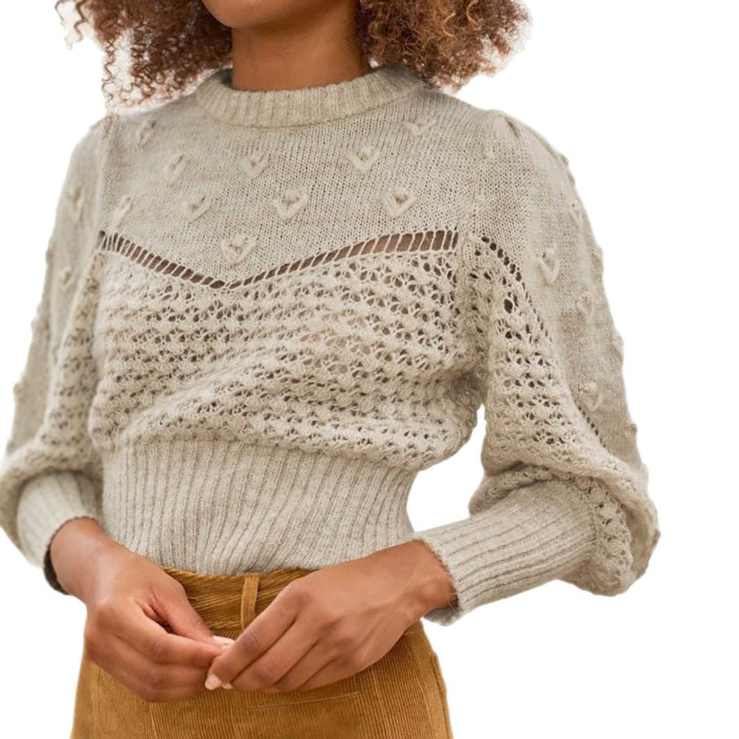 Women's knit pullover with detail-loving hole pattern and puff sleeves Ivyshape