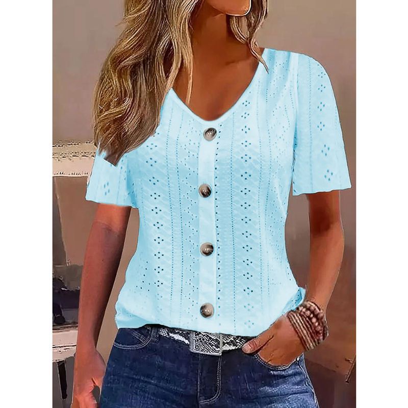 Ladies short sleeve blouse with decorative buttons and lace pattern Ivyshape