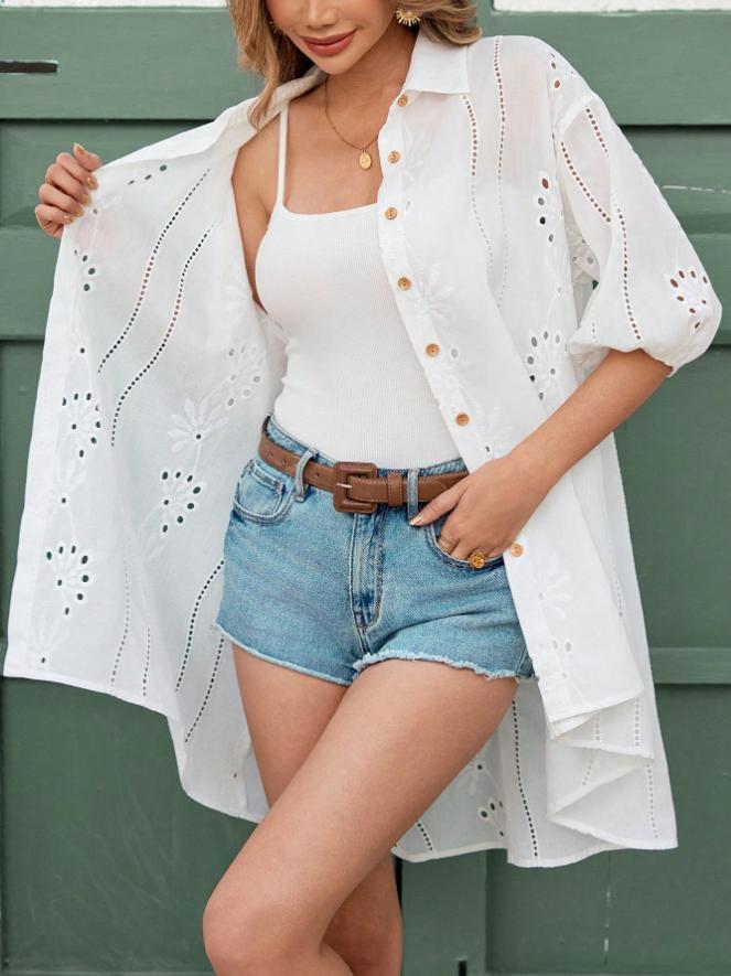 Ladies shirt jacket with floral embroidery design Ivyshape