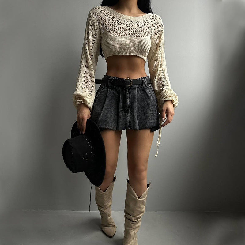 Ladies knit top with elegant lace pattern and wide sleeves Ivyshape