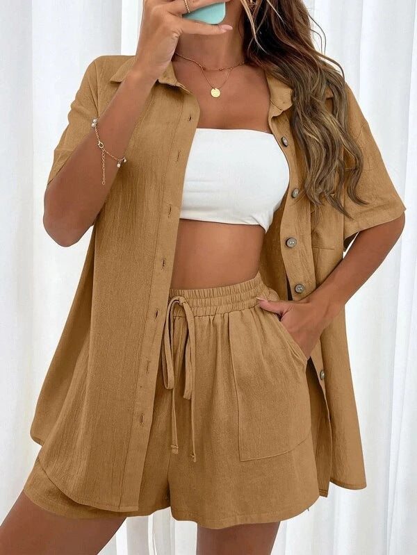 Women’s Casual Two-Piece Set with Shirt and Shorts Ivyshape