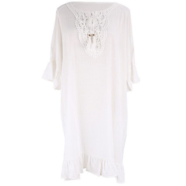 Women's beach tunic with elegant crochet pattern and ruffle details Ivyshape