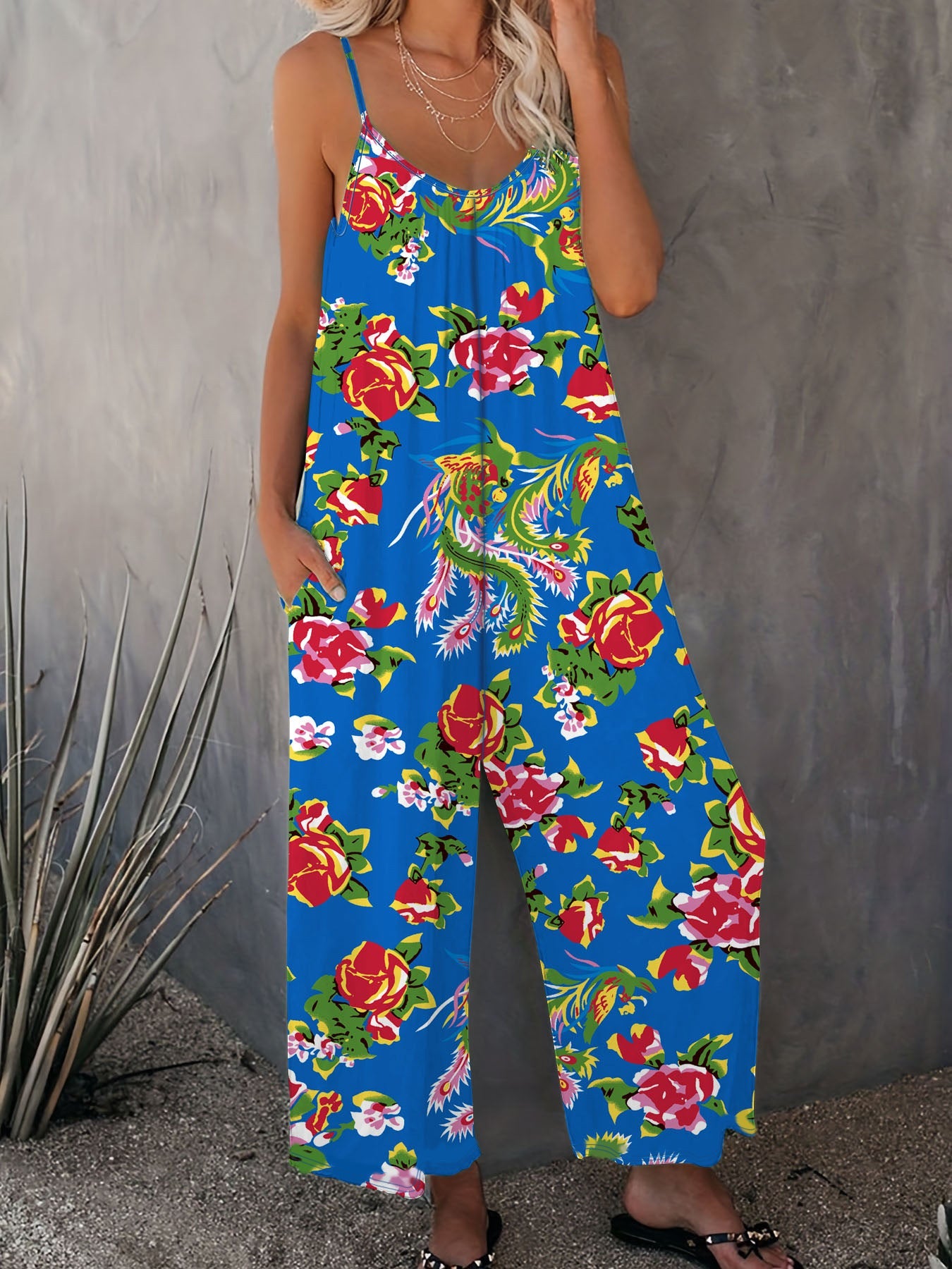 Ladies Floral Print Wide Leg Jumpsuit Ivyshape