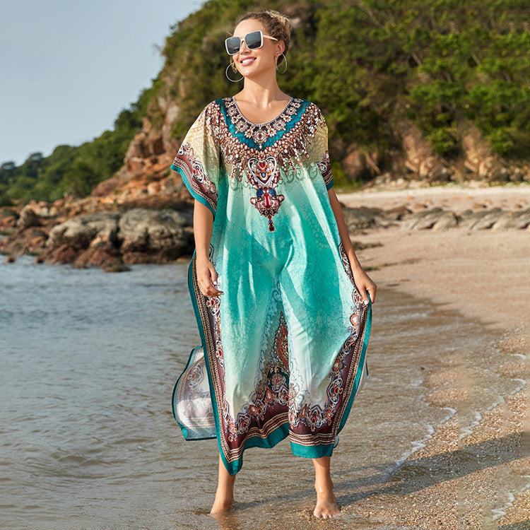 Ladies transparent beach tunic with artistic pattern and elegant details Ivyshape