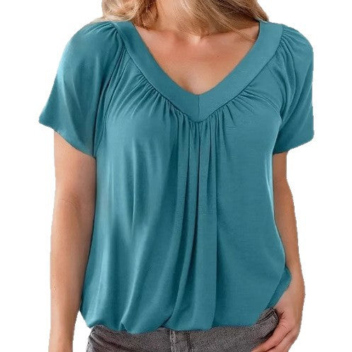 Women Pleated V-Neck Casual Top Ivyshape