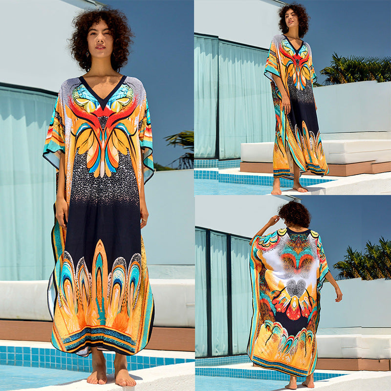 Ladies beach kaftan with cheerful floral design and loose fit Ivyshape