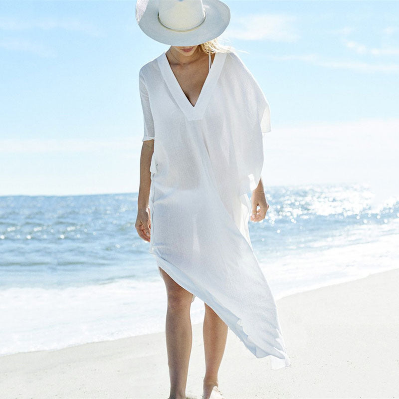 Women's airy beach cover-up with elegant V-neck and flowing coat style Ivyshape