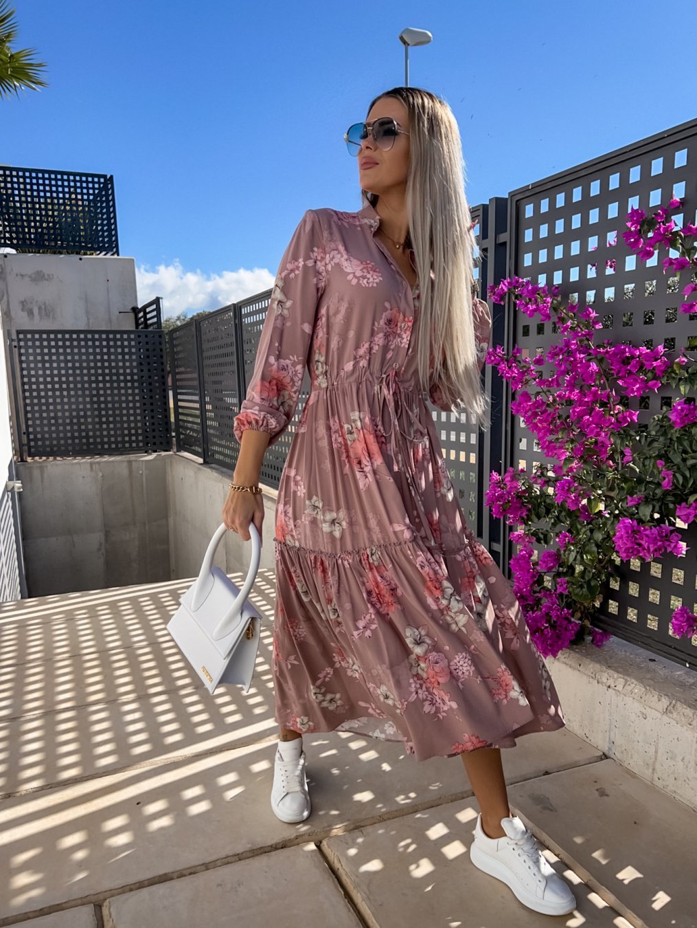 Women's blouse dress with floral details and waist belt Ivyshape