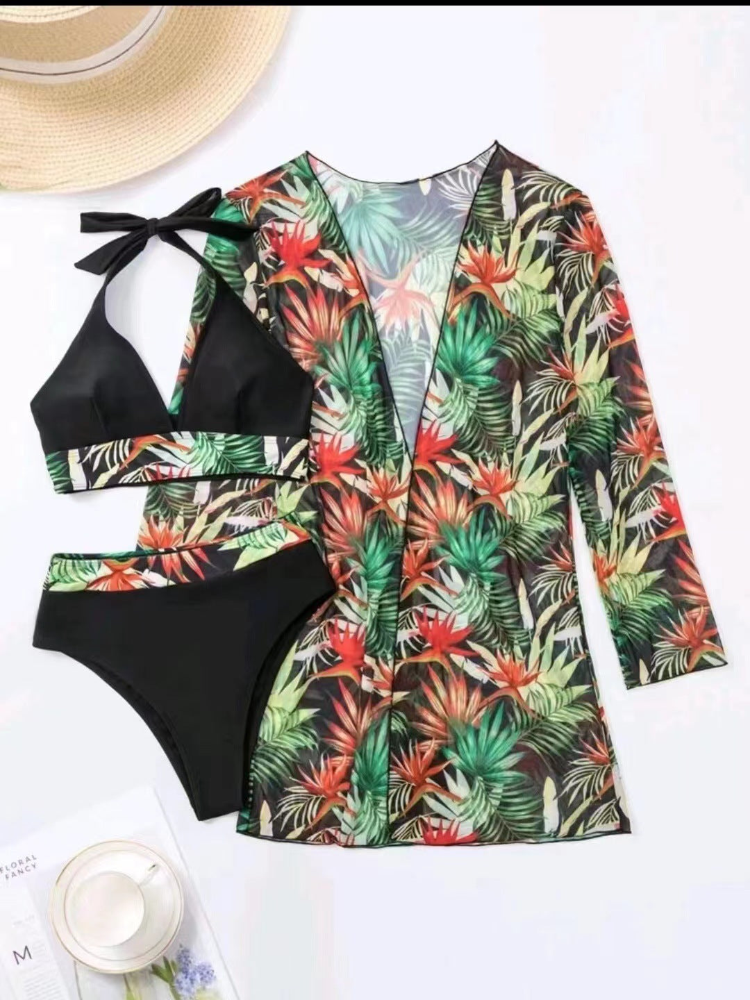Women's bikini set with floral kaftan Ivyshape