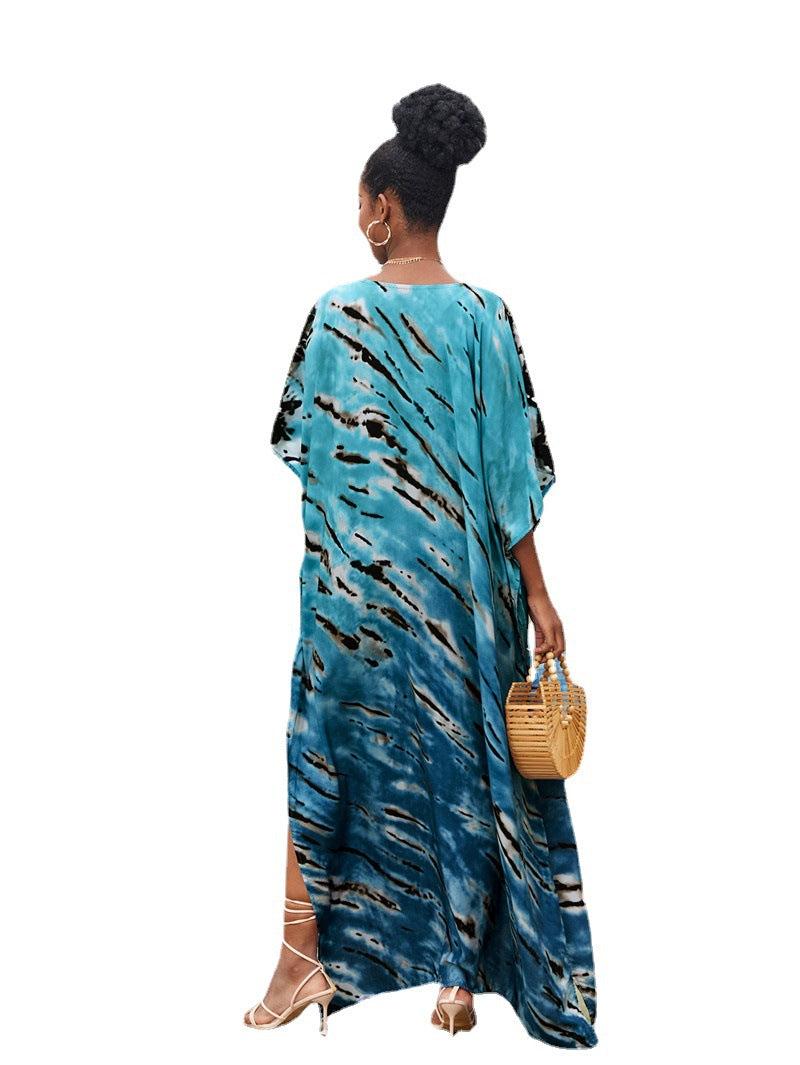 Ladies Kaftan dress with colorful batik pattern and flowing cut Ivyshape