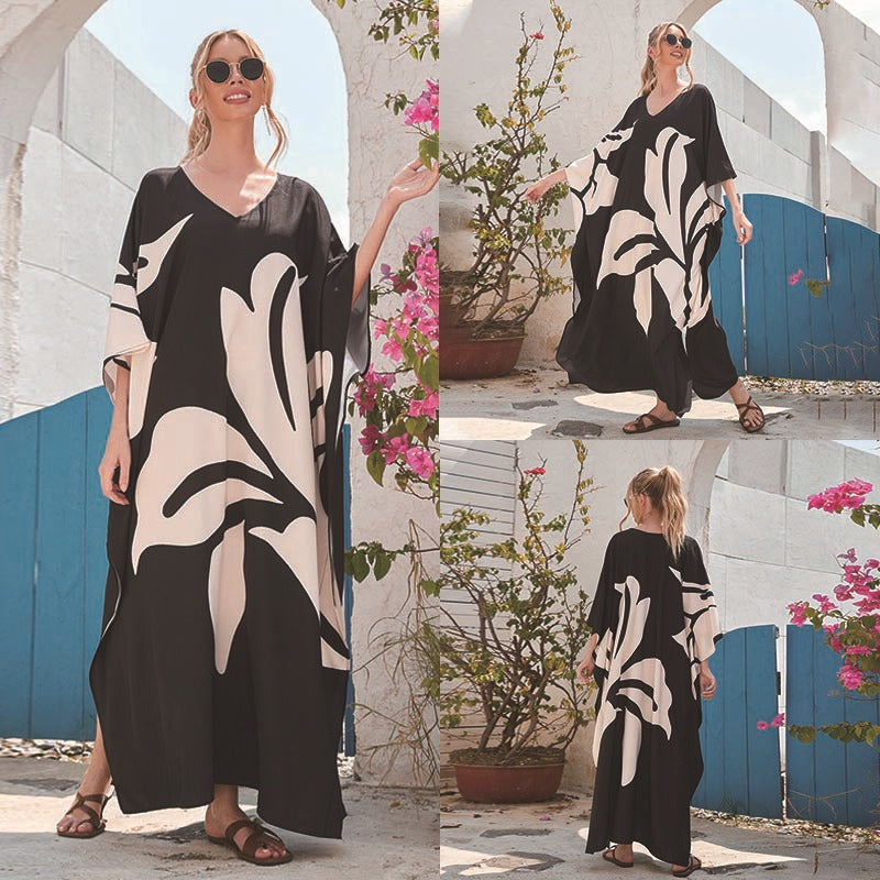 Women’s Maxi Kaftan with Floral Design and V-Neck Ivyshape