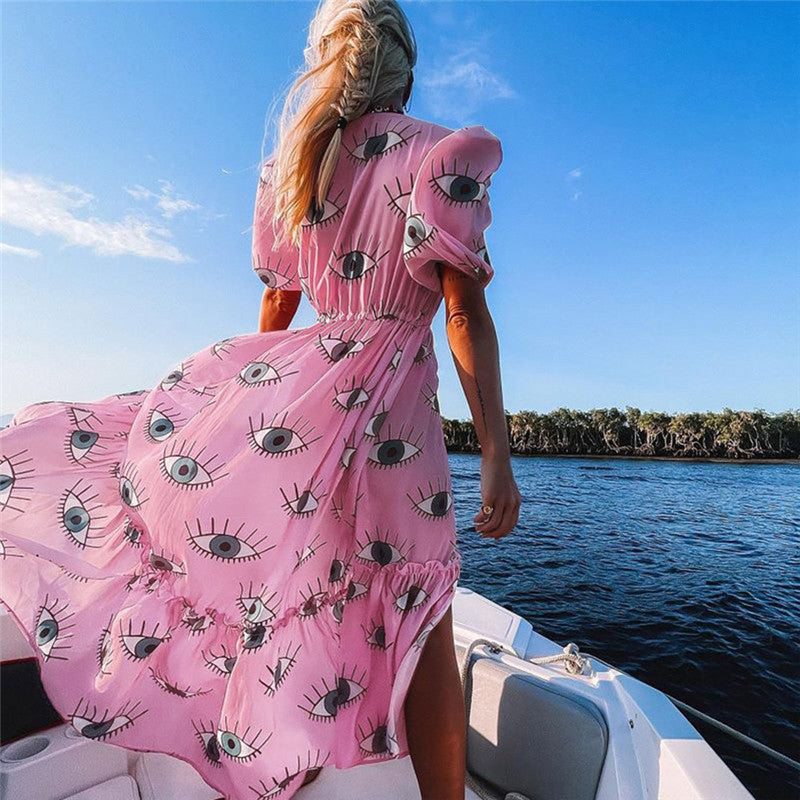 Women's maxi dress with floral wrap design and puff sleeves Ivyshape