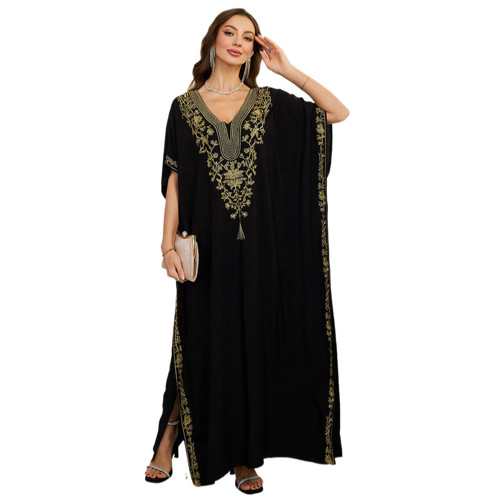 Ladies luxurious kaftan robe with elaborate embroidery and side slits Ivyshape