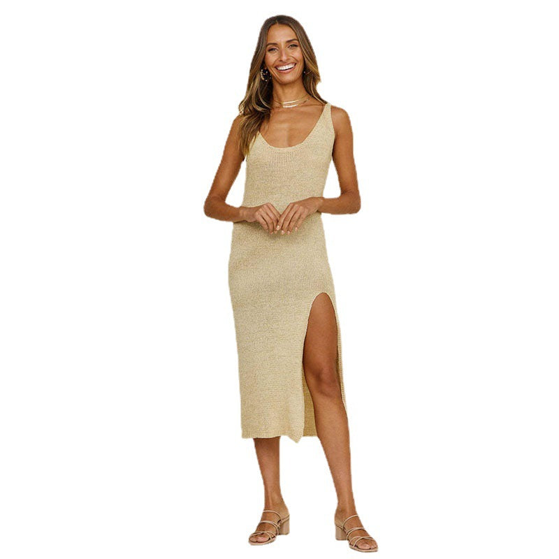 Ladies maxi dress with high slit and sleeveless cut Ivyshape