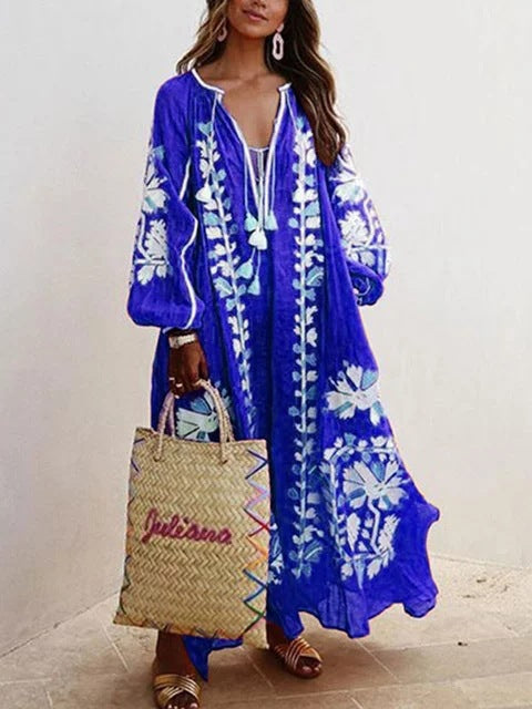 Ladies Long Kaftan with Floral Embroidery and Airy Sleeves Ivyshape