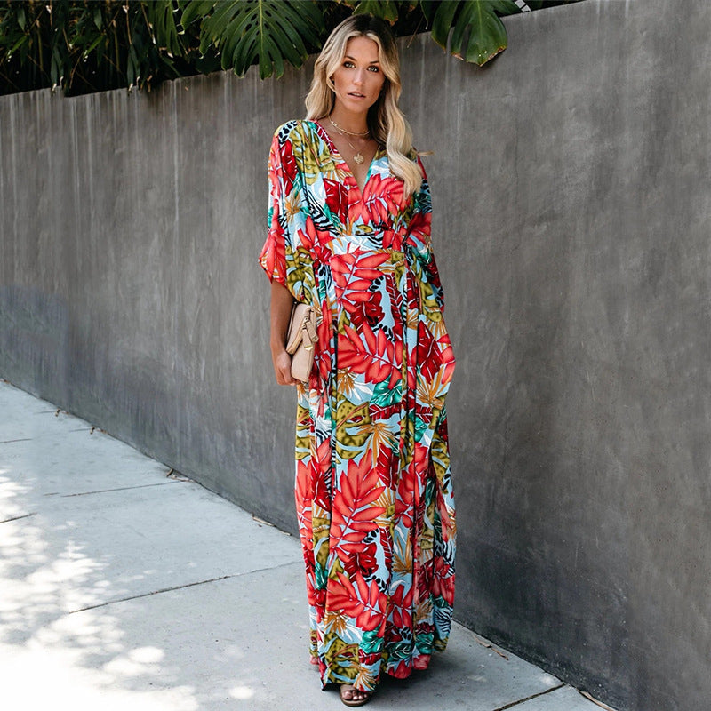 Women's maxi dress with deep V-neck and elegant wing sleeves Ivyshape