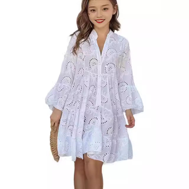Women’s dress with embroidered eyelet pattern and ruffled hem Ivyshape