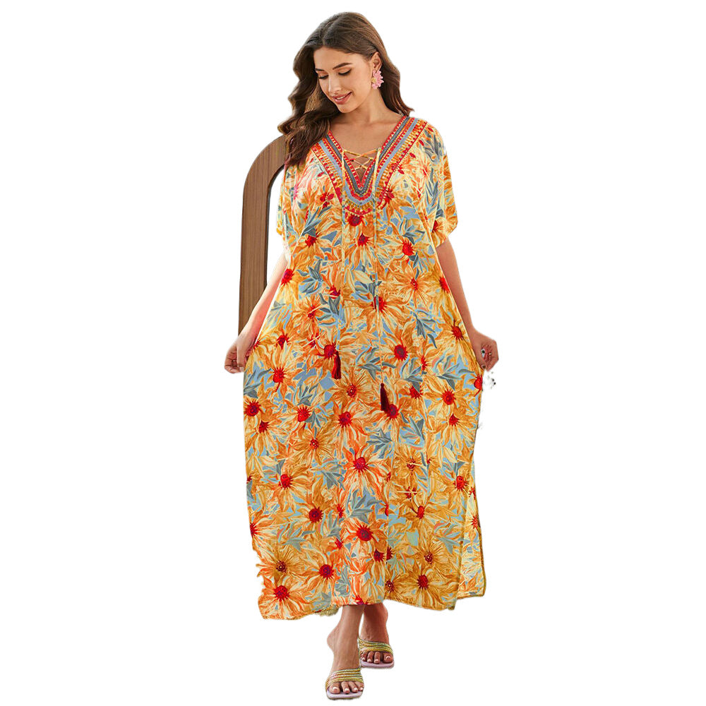 Women's maxi dress with colorful animal motif and elegant V-neck Ivyshape