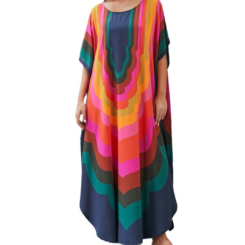 Women's trendy beach kaftan with colorful wave pattern and wide sleeves Ivyshape