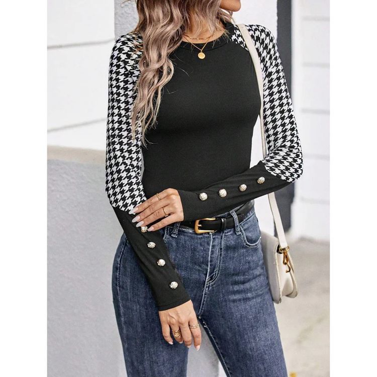 Women's Figure-Hugging Long Sleeve Top with Houndstooth Pattern Ivyshape