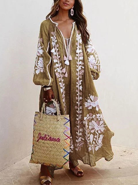 Ladies Long Kaftan with Floral Embroidery and Airy Sleeves Ivyshape