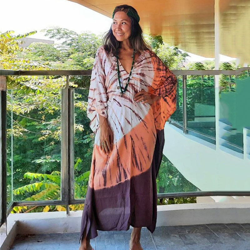 Women's kaftan with timeless batik pattern and elegant V-neck Ivyshape