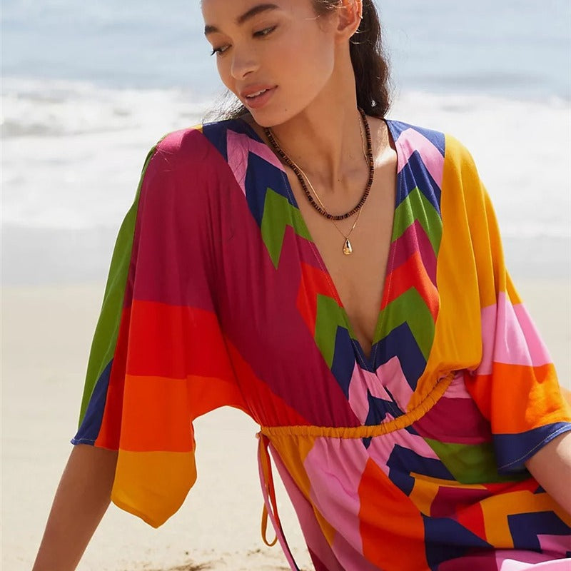Women’s maxi dress with colorful geometric pattern mix and side slit Ivyshape