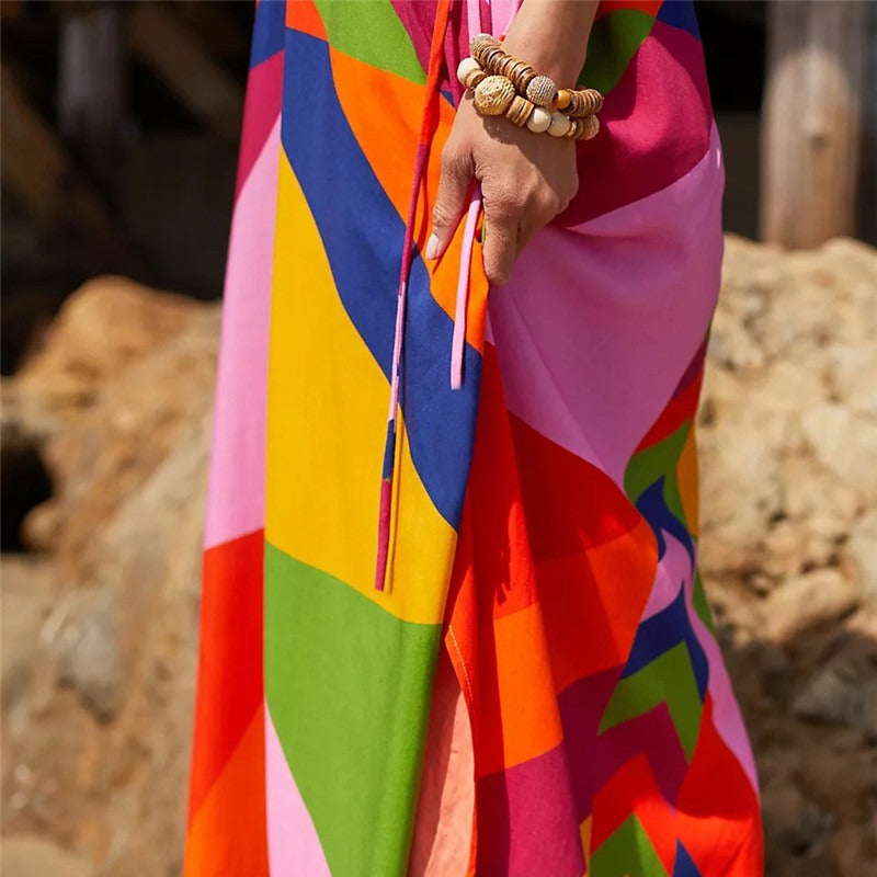 Women’s maxi dress with colorful geometric pattern mix and side slit Ivyshape