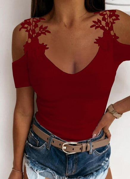 Ladies Cold Shoulder Floral Embellished V-Neck Top Ivyshape