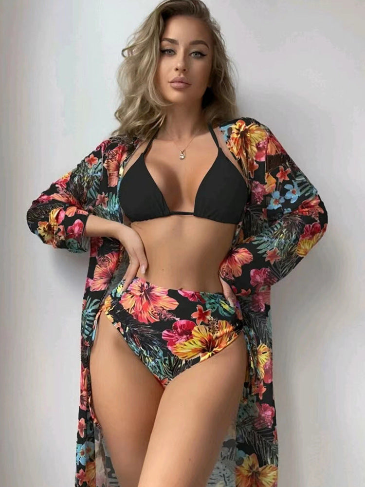 Ladies triangle bikini set with floral kaftan and high leg cut Ivyshape