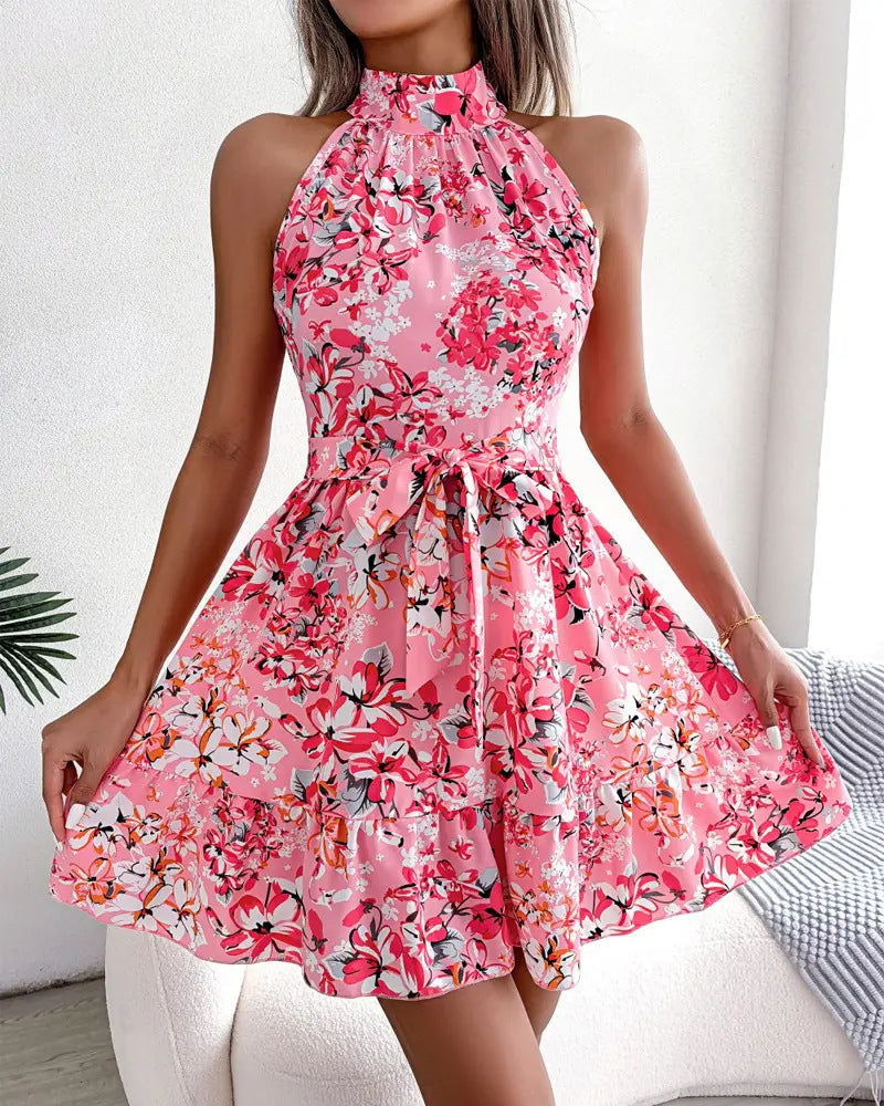 Ladies' festive floral dress with high-neck design and elegant hem Ivyshape