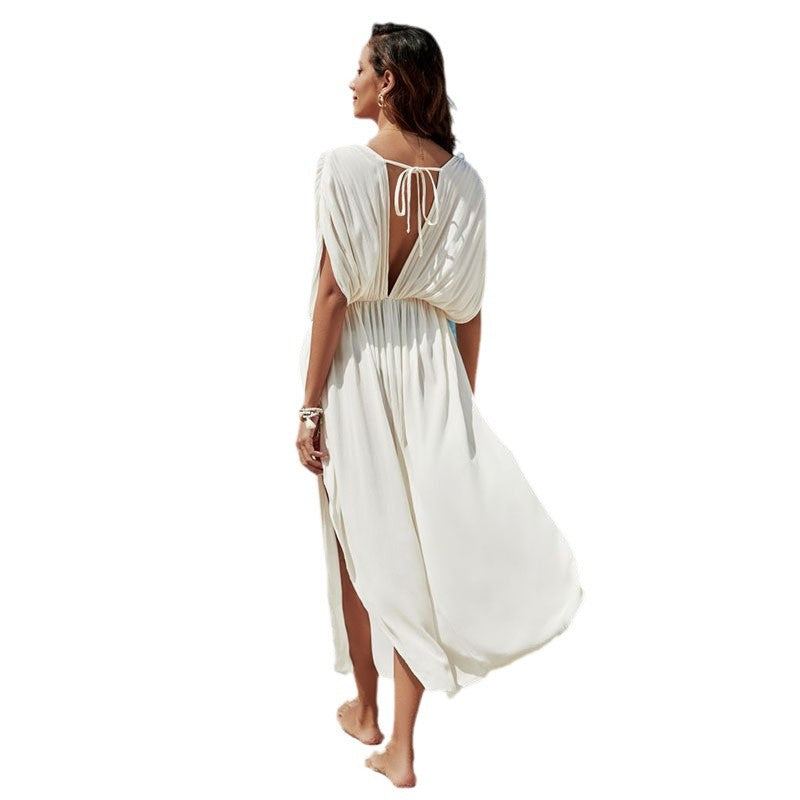 Women's maxi dress with intricate draping and elegant V-neck Ivyshape