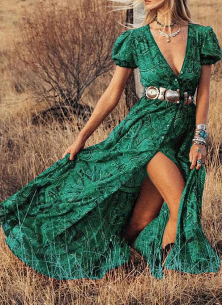Ladies Maxidress with elegant puff sleeves and refined slit Ivyshape