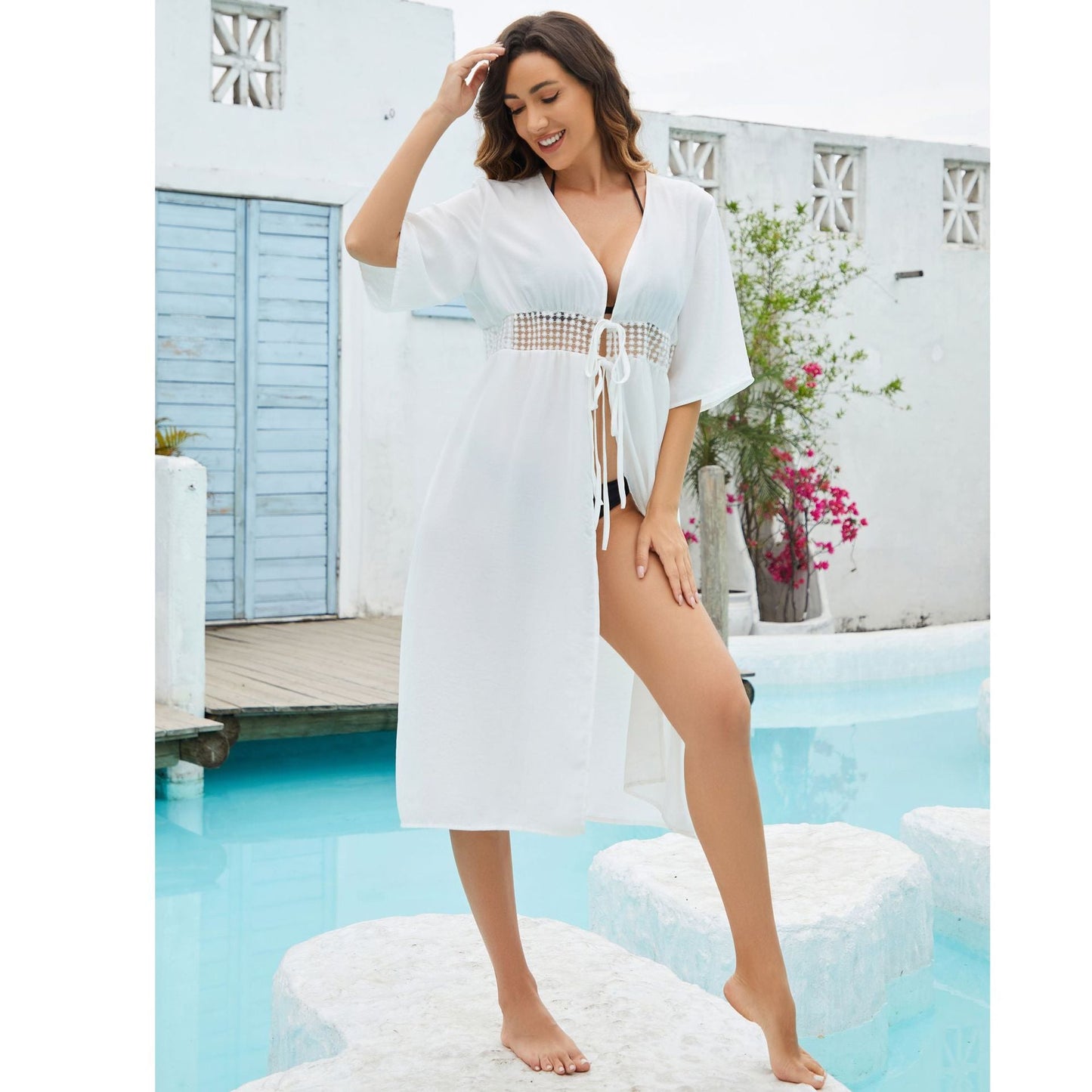 Ladies elegant beach robe with side slit and wide cut Ivyshape