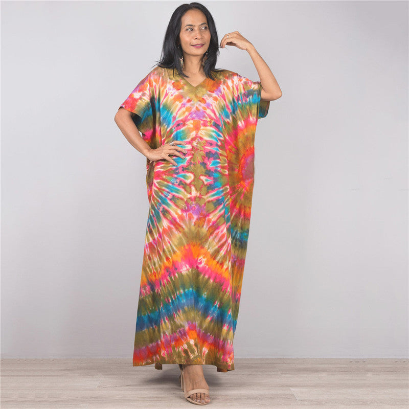 Women’s maxi dress in a colorful style with a V-neck and side slits Ivyshape