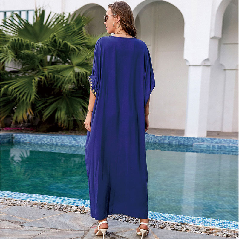 Women's elegant beach kaftan with elaborate embroidery and pockets Ivyshape