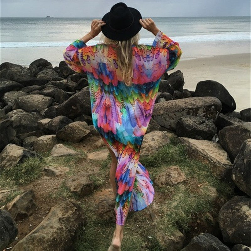 Women's Transparent Beach Kimono with Colorful Feather Design Ivyshape